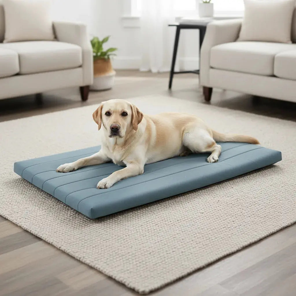 Mint orthopedic dog crate pad in a home setting