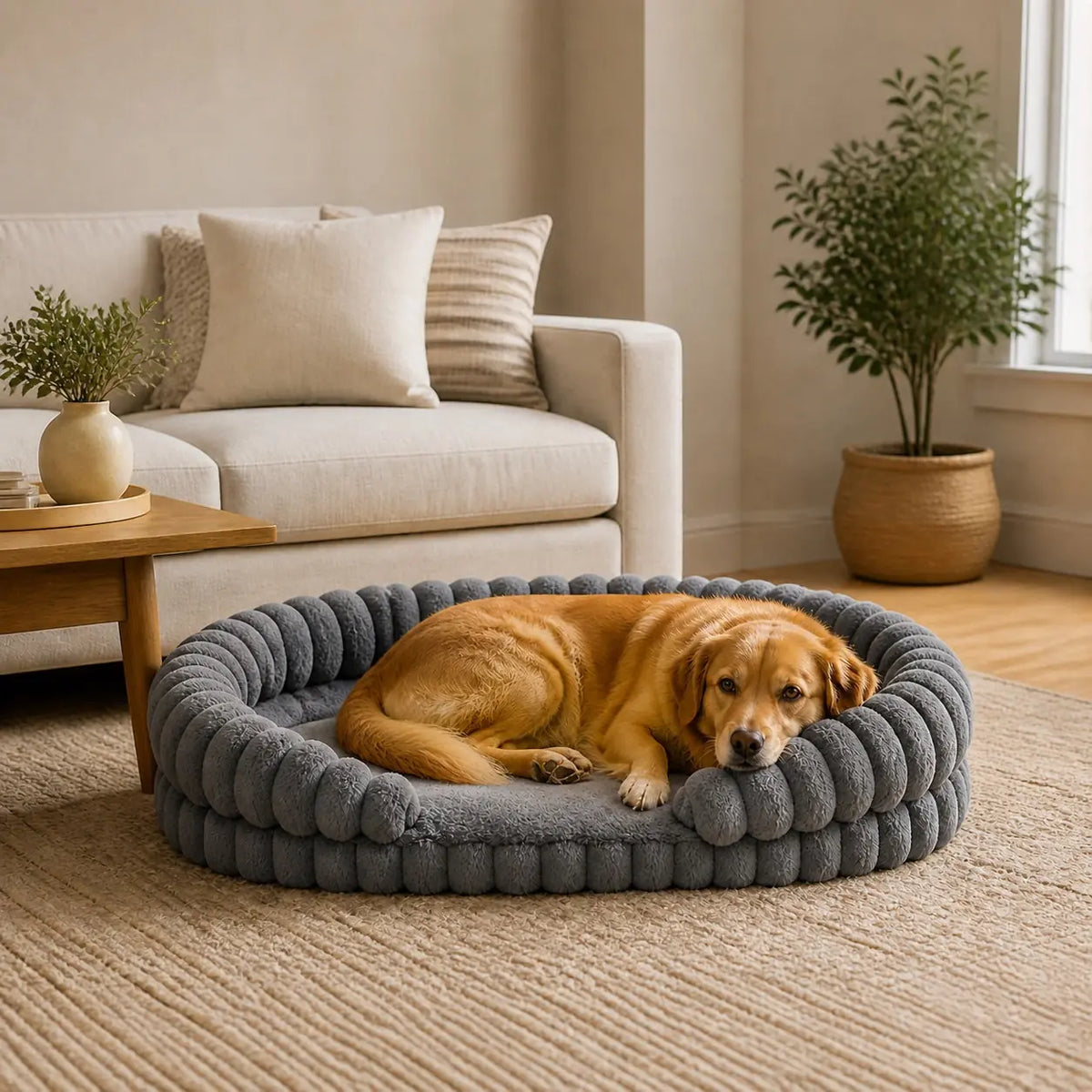 Gray oval orthopedic calming dog sofa bed in a living room