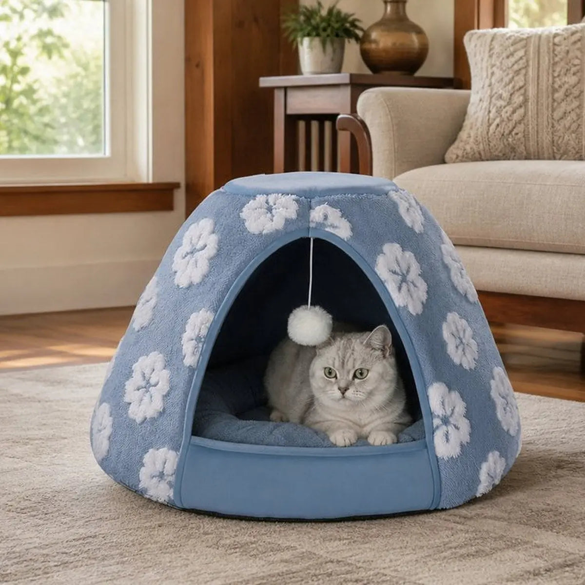 Blue cat cave bed in a home setting