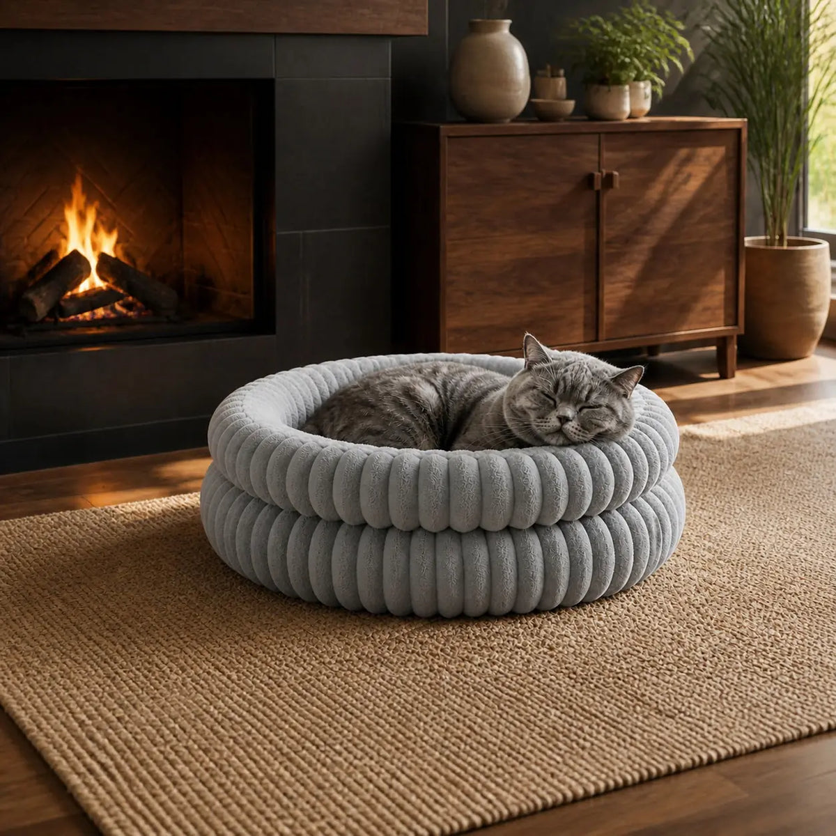 Nuzzlenest Round Calming Cat Bed — Washable, Super Soft Faux Fur, Anti-Slip, 20"/24"