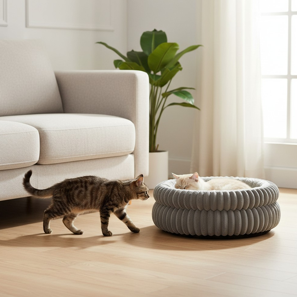 Nuzzlenest Round Calming Cat Bed — Ultra-Soft Plush, Anti-Slip