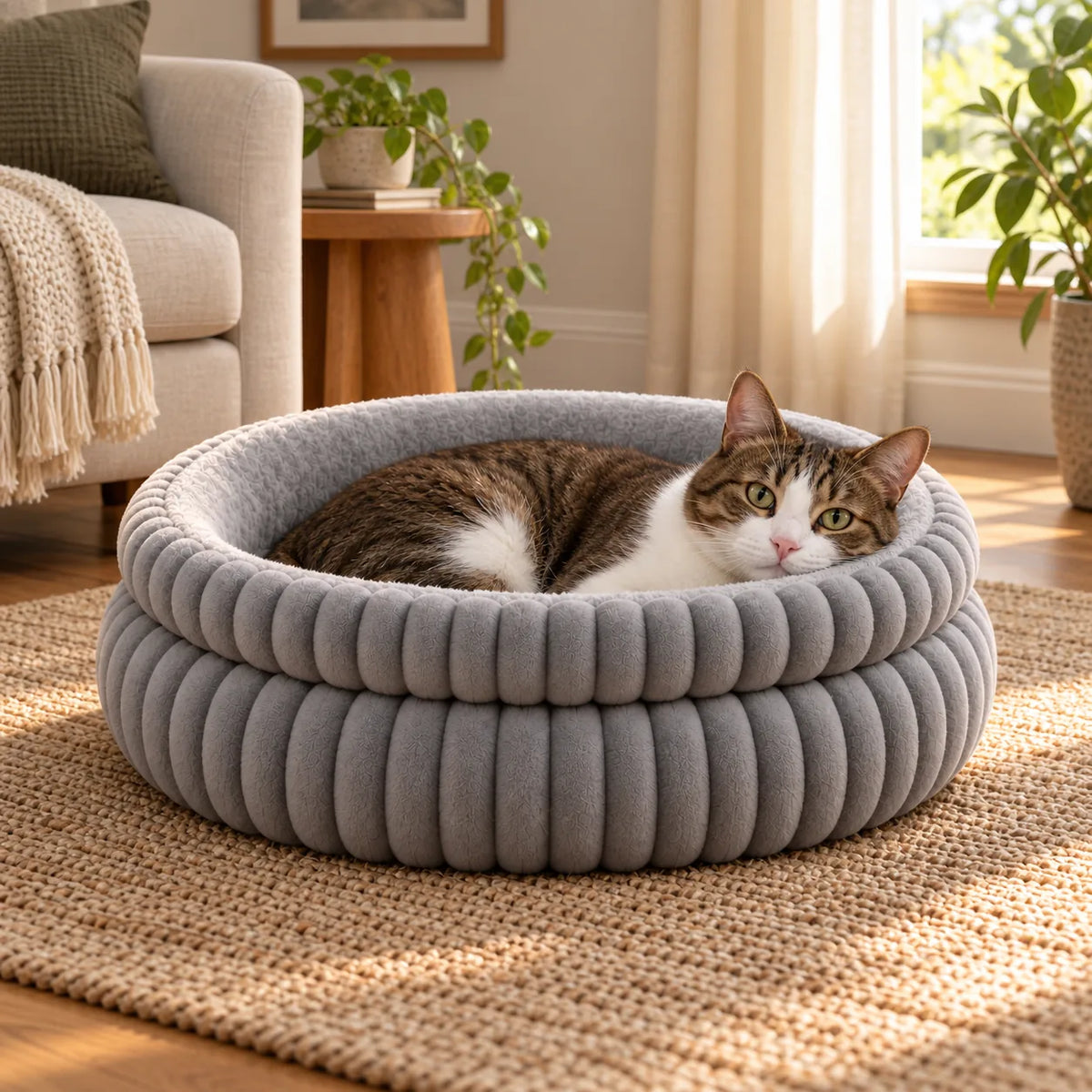 Wind Chime round calming cat bed in a home setting