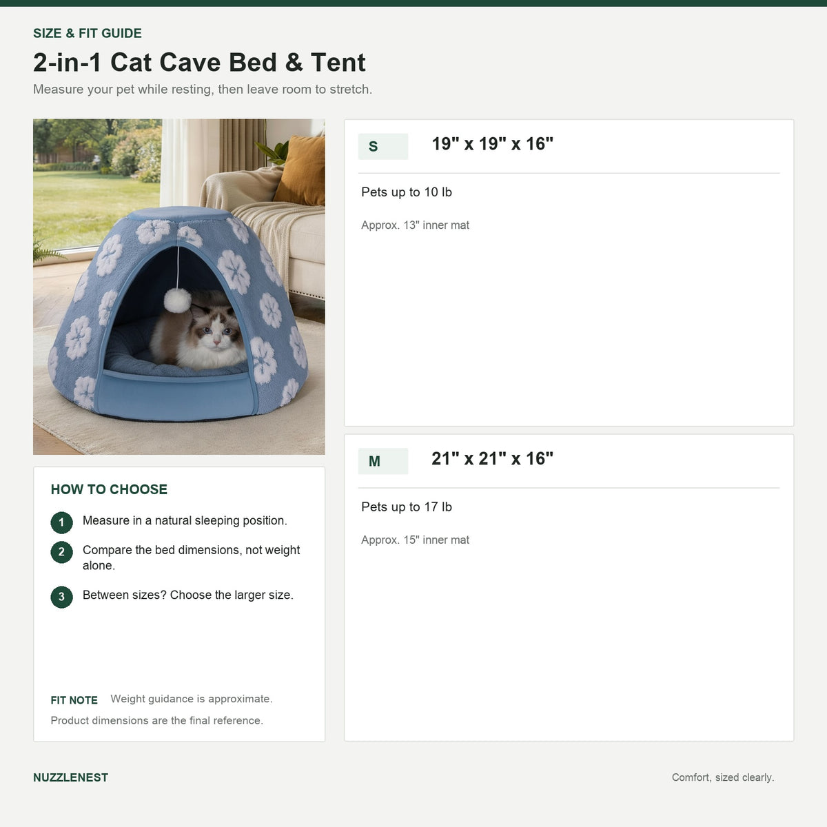 Nuzzlenest 2-in-1 Cat Cave Bed & Tent — Cozy Hideaway for Kittens & Small Dogs, 19"/21"