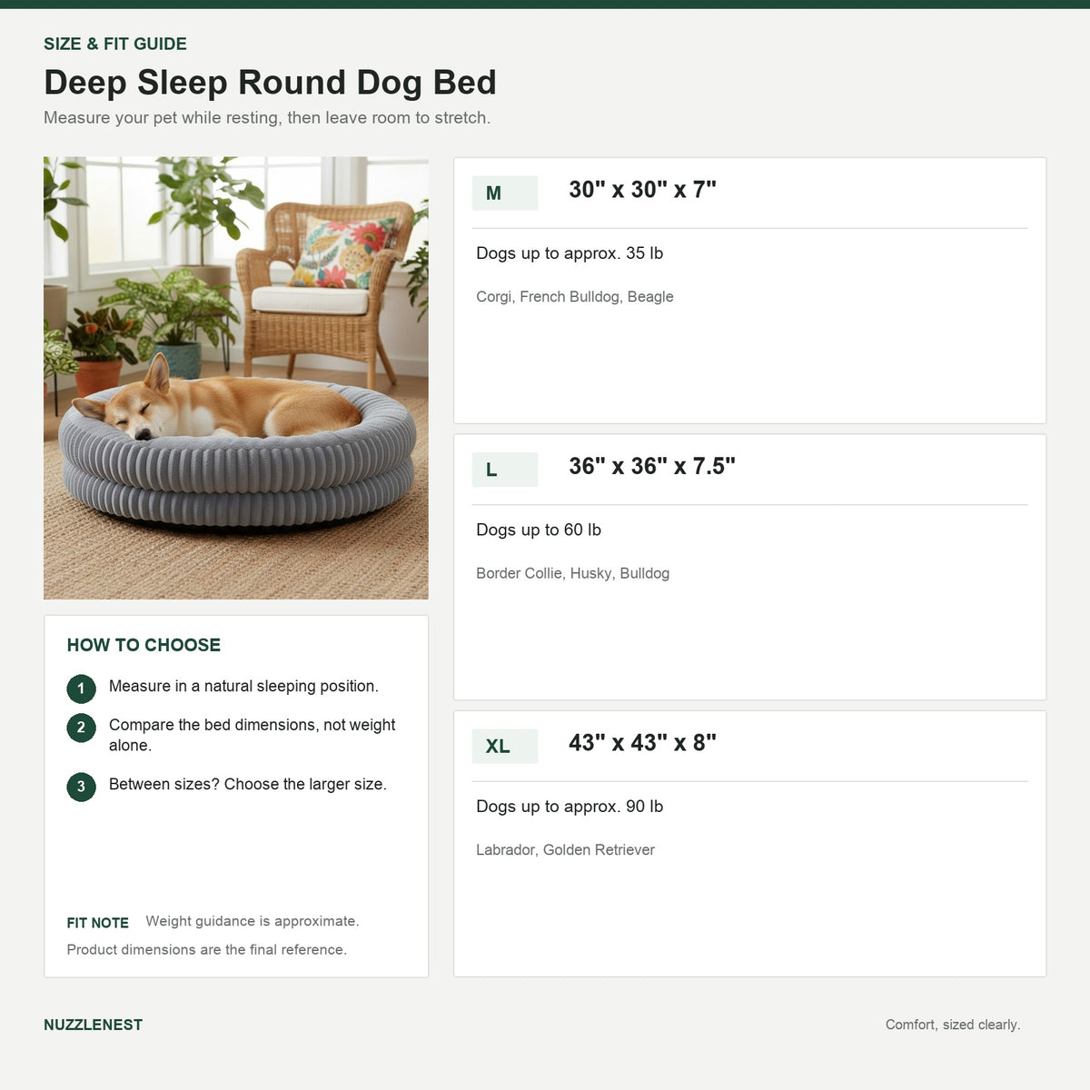 Nuzzlenest Deep Sleep Round Dog Bed — Fluffy Plush Calming Comfort, 30"/36"/43"