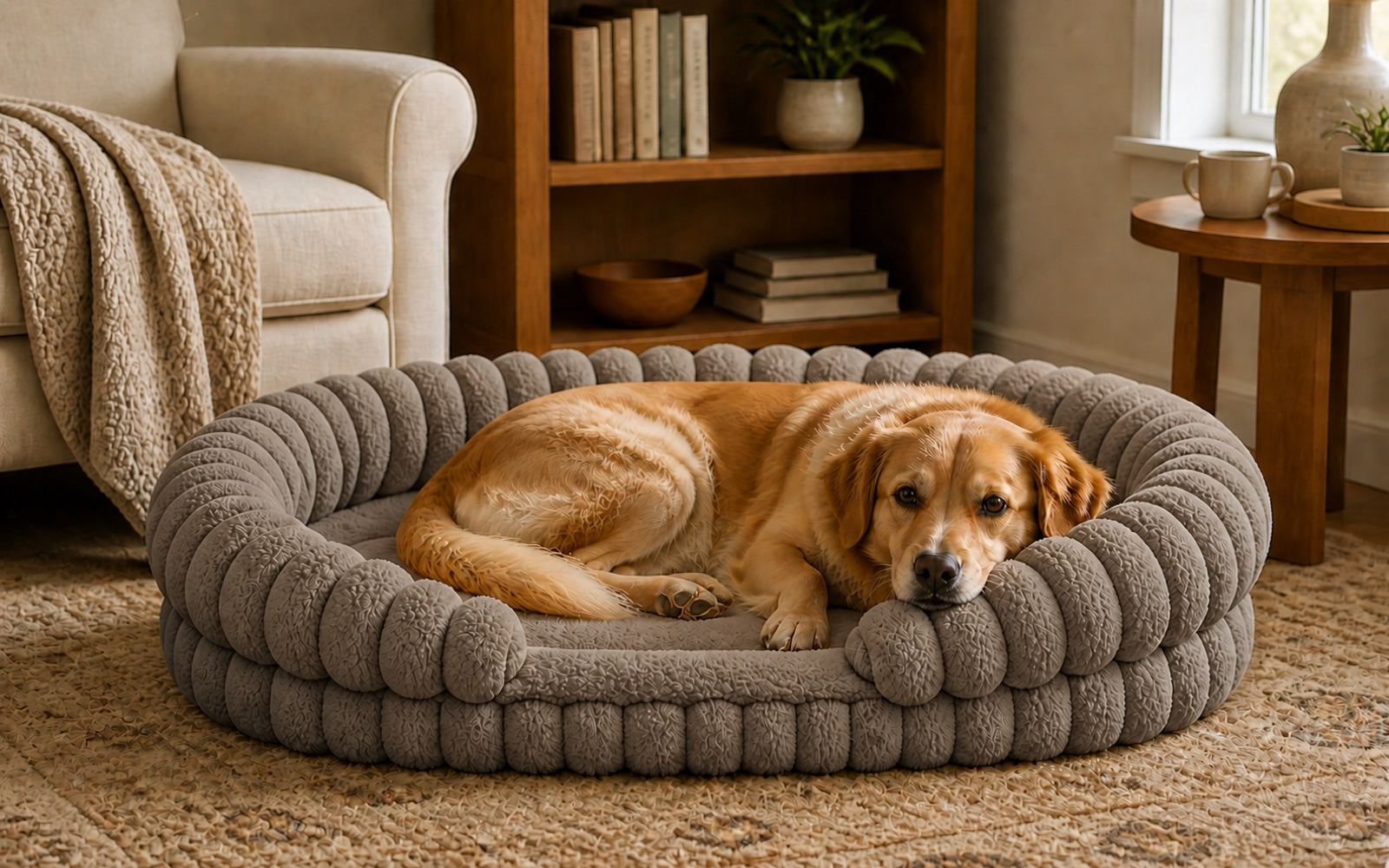 Oatmeal orthopedic sofa bed in a home setting