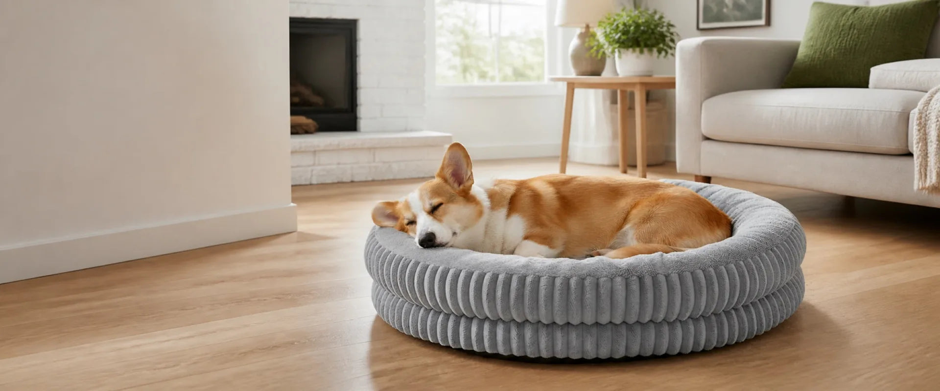 Pet resting in a fully visible grey Deep Sleep round bed