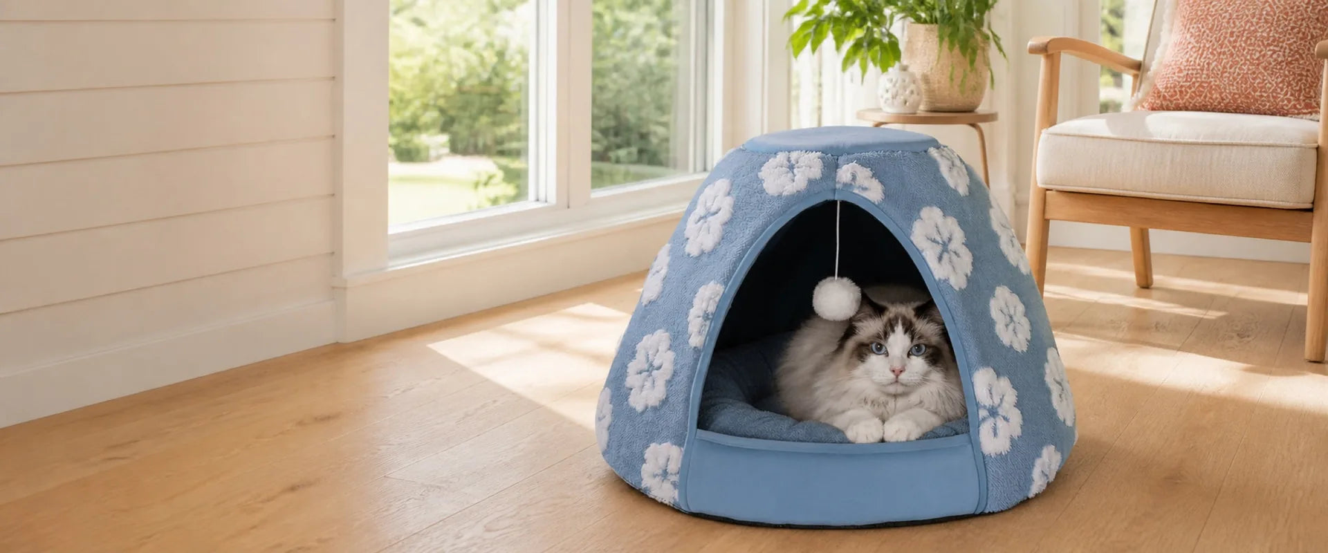 Cat resting inside a fully visible blue 2-in-1 cat cave