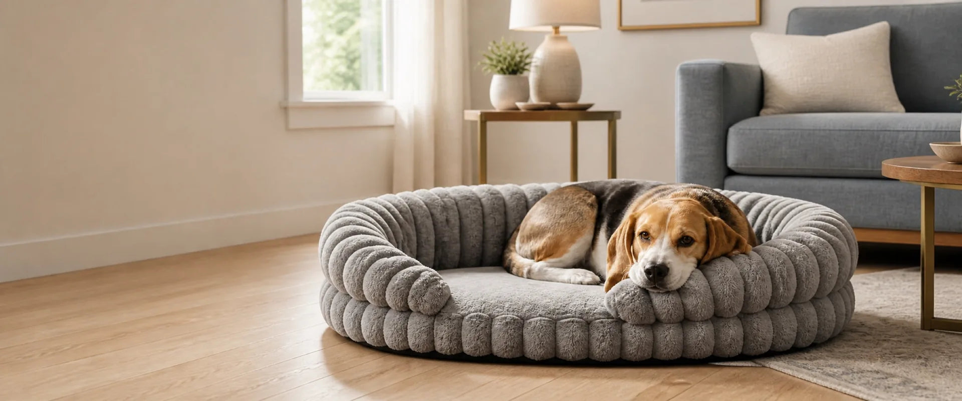 Dog relaxing in a fully visible grey orthopedic sofa bed