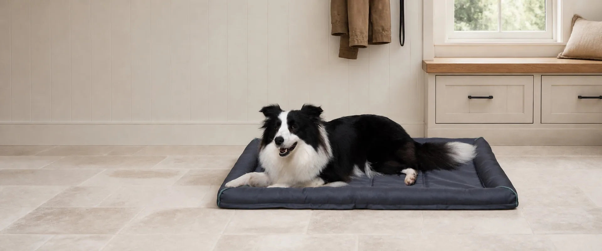 Dog lying on a fully visible grey Oxford waterproof crate bed