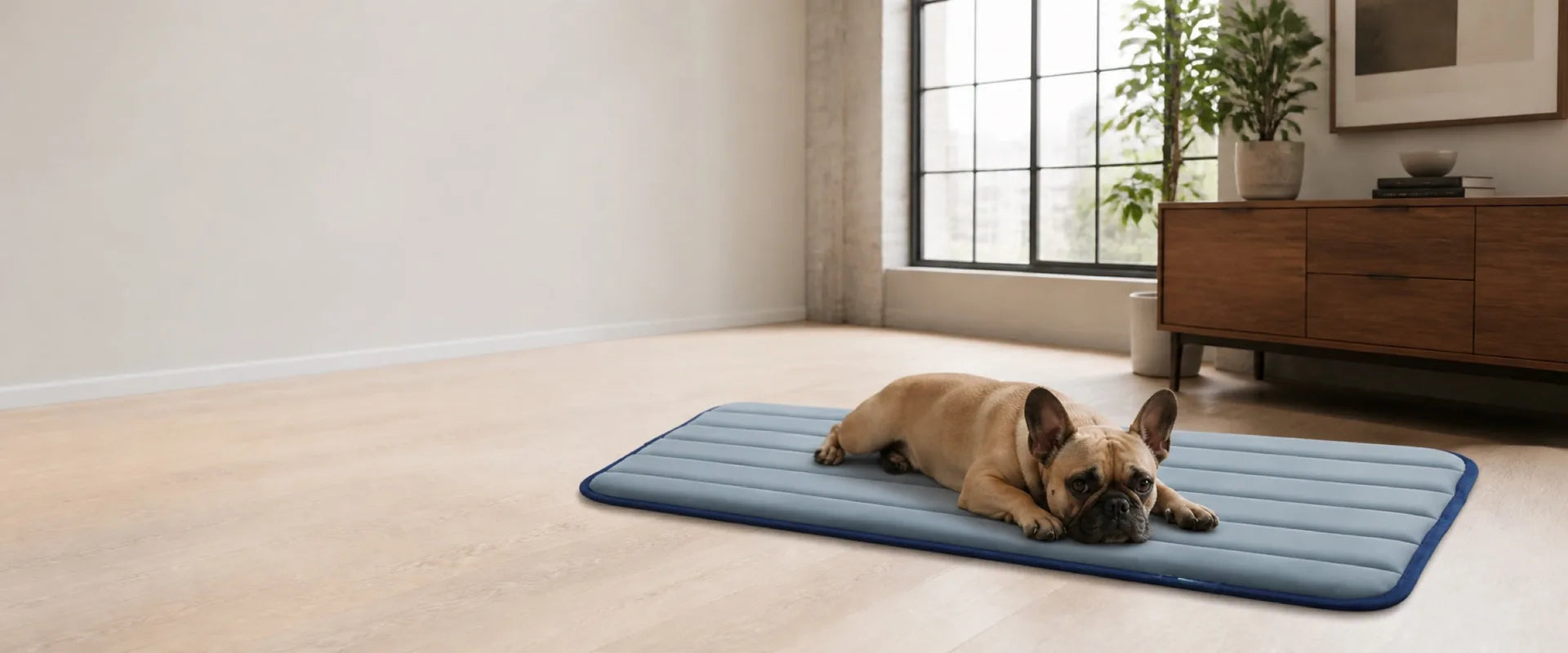 Dog resting on a fully visible Dusty Blue thin crate pad